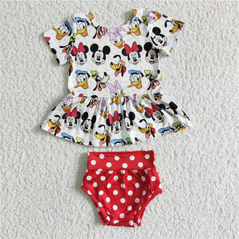 B5-10 Baby girls summer red dots cartoon bummie sets