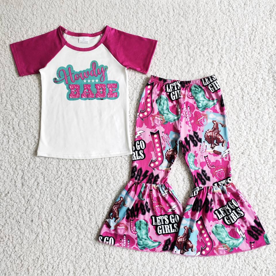 B8-38 Kids howdy babe hotpink clothing sets