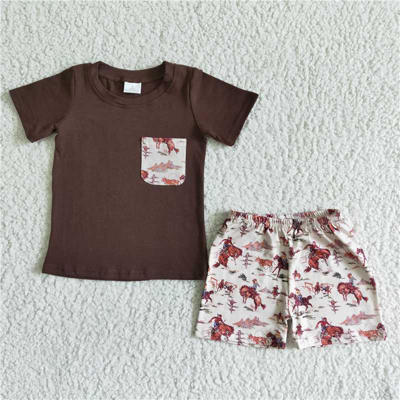 BSSO0015 baby boys horse riding western pocket summer shorts sets