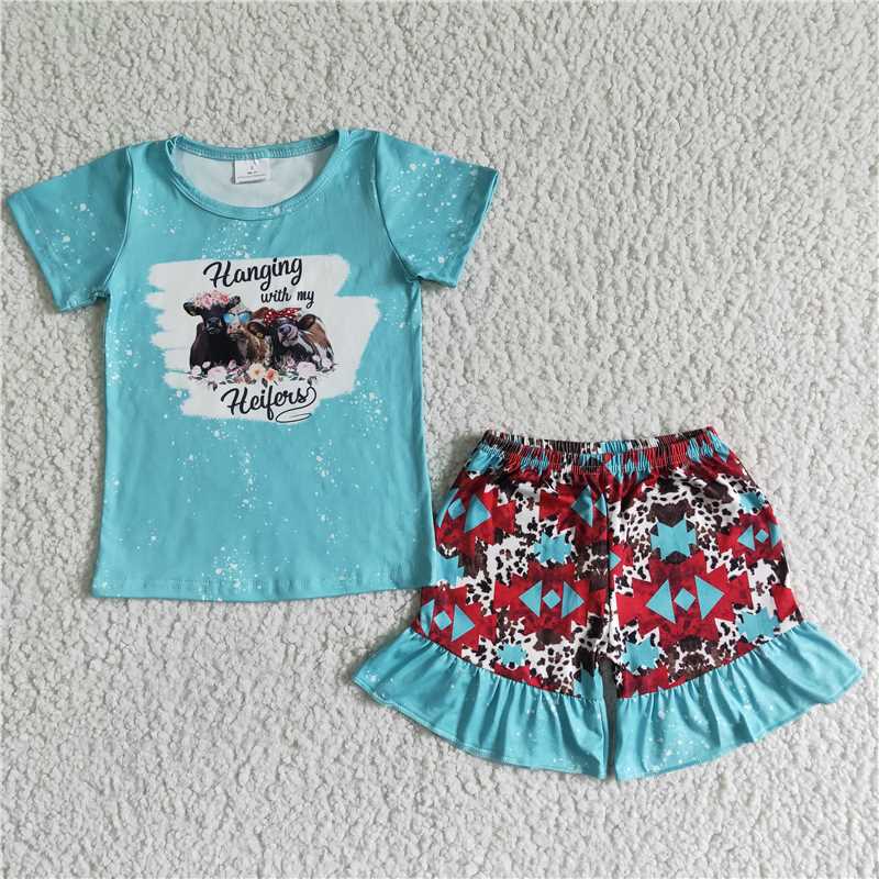 GSD0046 Hangingwithmy floral milk cow pattern green shorts set