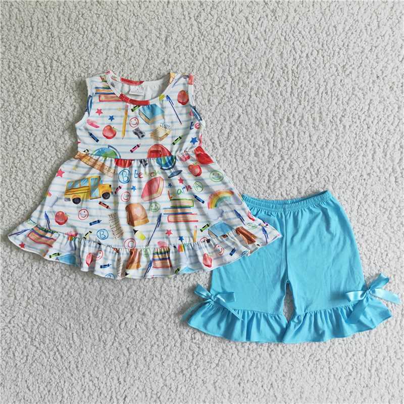 GSSO0112 Girls back to school smiley sleeveless shorts set