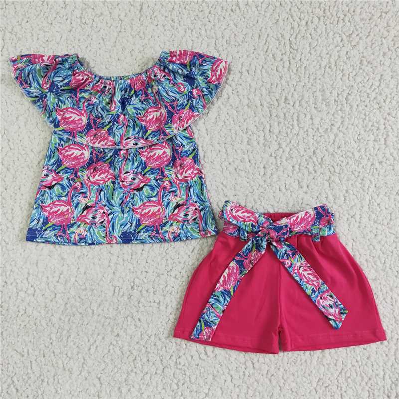 GSSO0101Flamingo shirt solid shorts girls boutique outfits