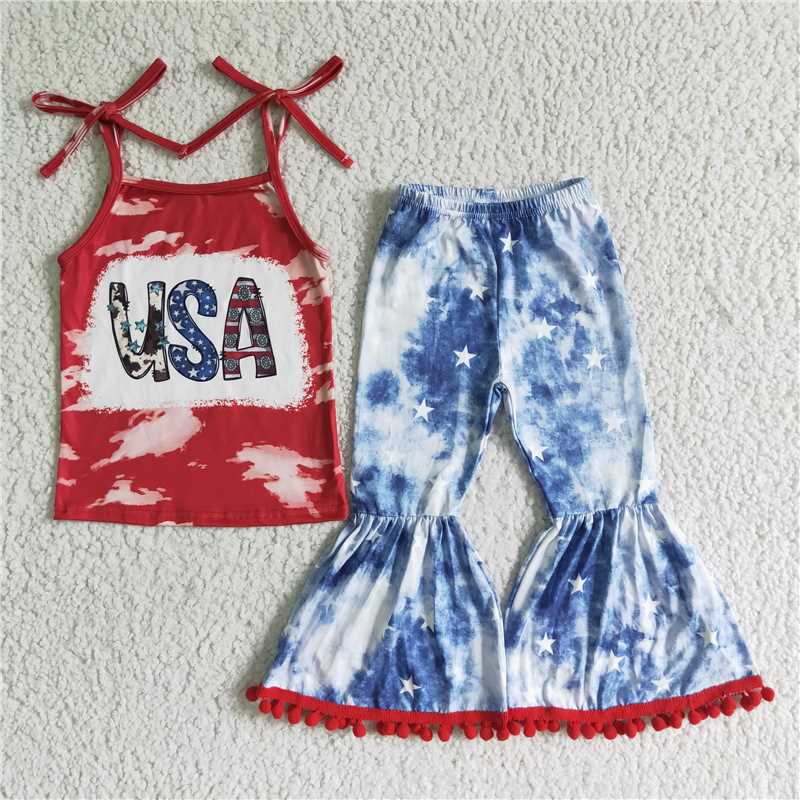 GSPO0068 Girls' National Day USA red suspender pants suit