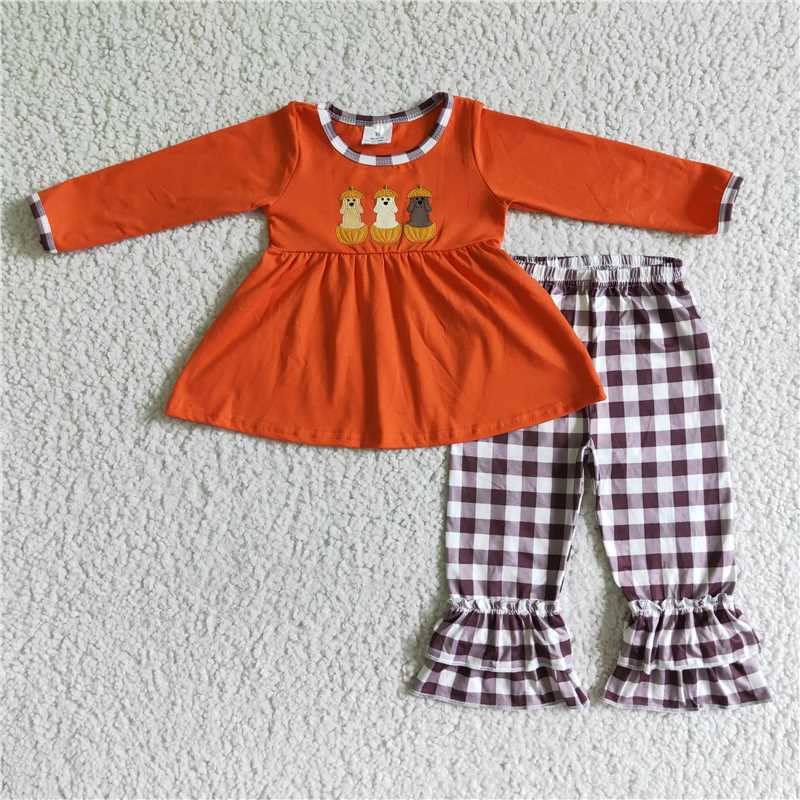 GLP0026Dog pumpkin embroidery tunic ruffle pants kids girls fall clothes
