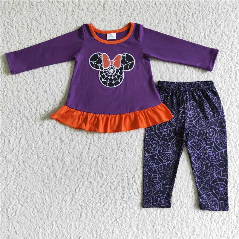GLP0025Spiderweb embroidery purple orange tunic leggings girls Halloween clothing