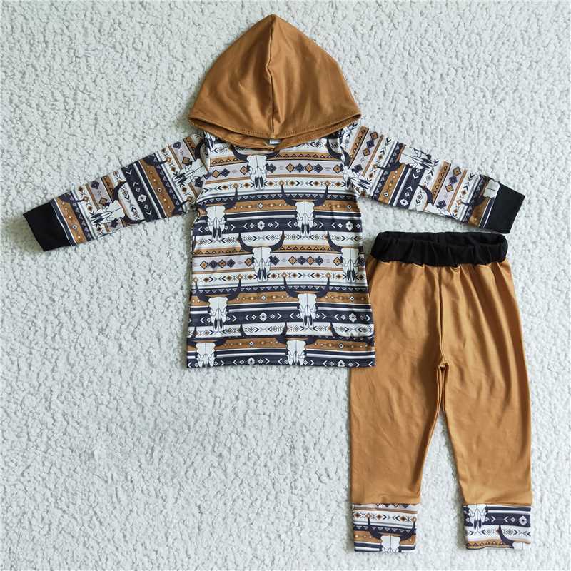 BLP0029 Boys' brown bull head hooded long-sleeved trousers suit