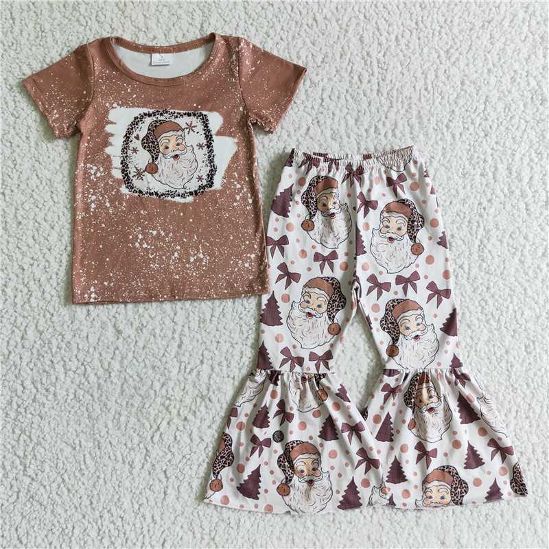 11.14 RTS NO MOQ (In stock)GSPO0181 baby girls Christmas santa brown bell pants sets