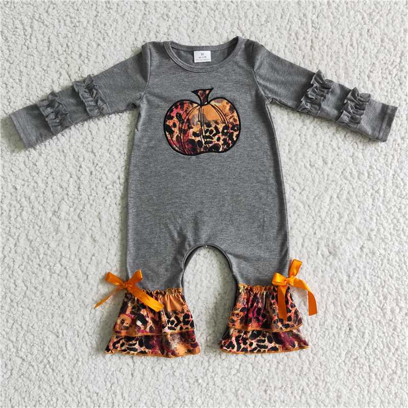 LR0139Grey cotton pumpkin leopard baby girls fall romper