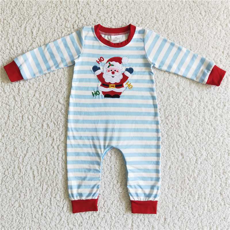 10.31 RTS NO MOQ (In stock)Matching Christmas LR0121 Baby boys Christmas santa blue stripes rompers