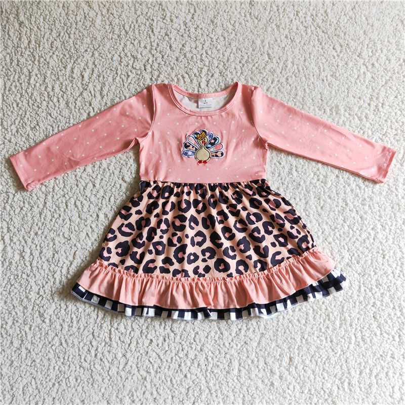 GLD0095 Baby girls Thanksgiving turkey pink knee length dresses