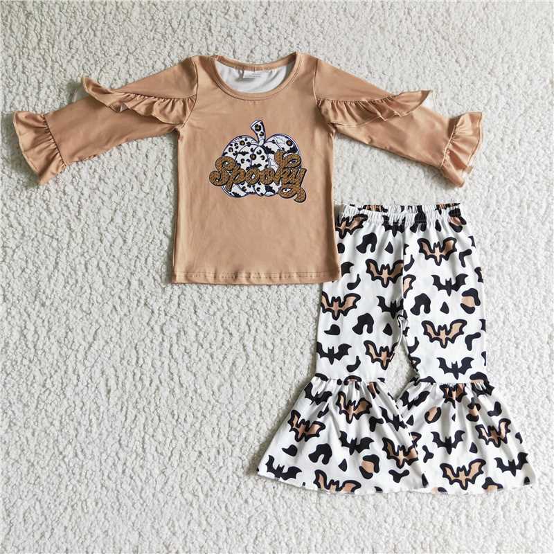 GLP0107Spooky pumpkin shirt bat leopard pants kids Halloween clothes