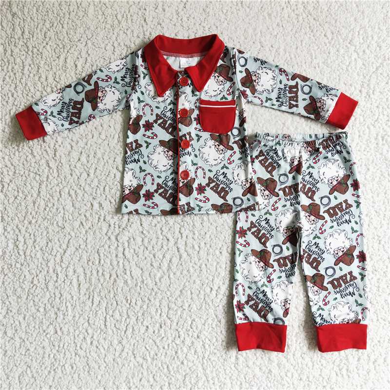 BLP0079Merry Christmas y'all santa boots kids boy western pajamas