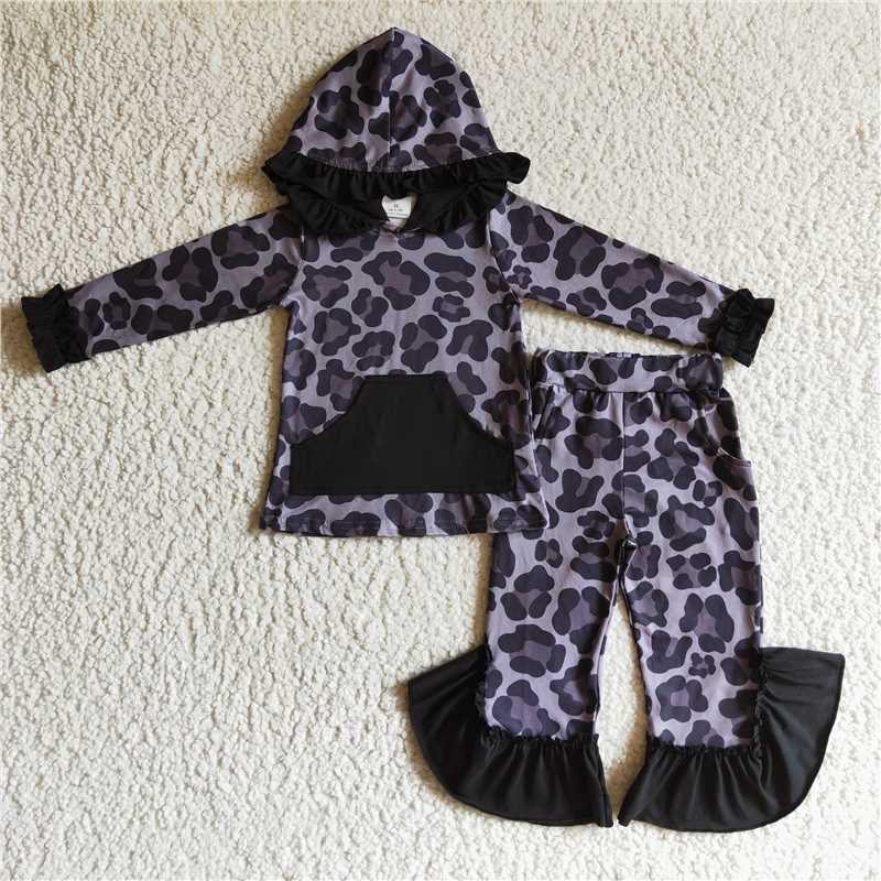 GLP0255 baby girls black leopard hood top ruffle pants sets