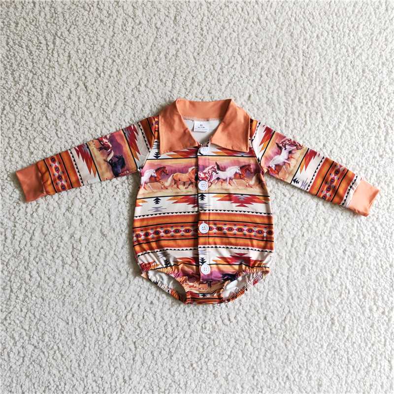 RTS LR0181 Horse Geometric Brown Long Sleeve Button Shirt Bodysuit
