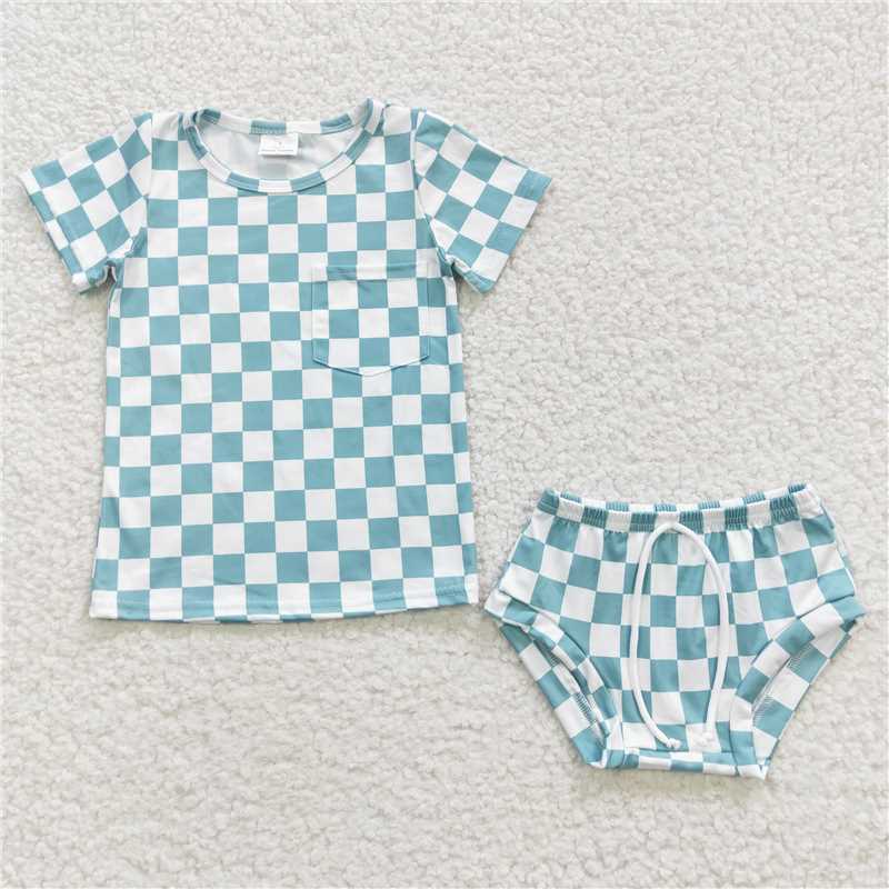 GBO0140 Baby Girls Green Checked Summer Bummie Sets