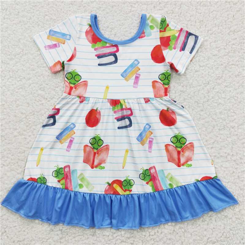 GSD0333 Girls Back to School Books and Pens Short Sleeve Dress