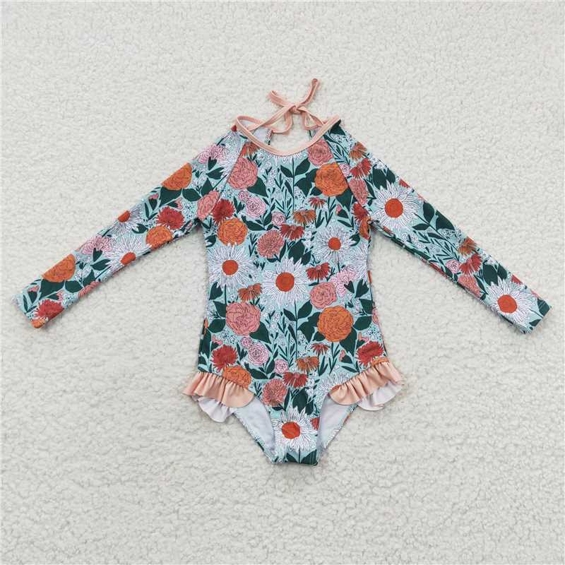 S0084 Baby Girls Orange Flowers Long Sleeve One Pieces Swimsuits