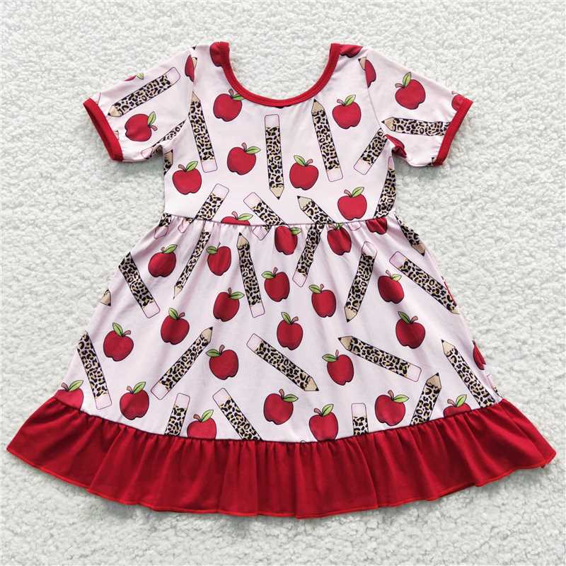 12.27 RTS NO MOQ (In stock)GSD0314 Baby Girls Back To School Apple Pencil Knee Length Dresses