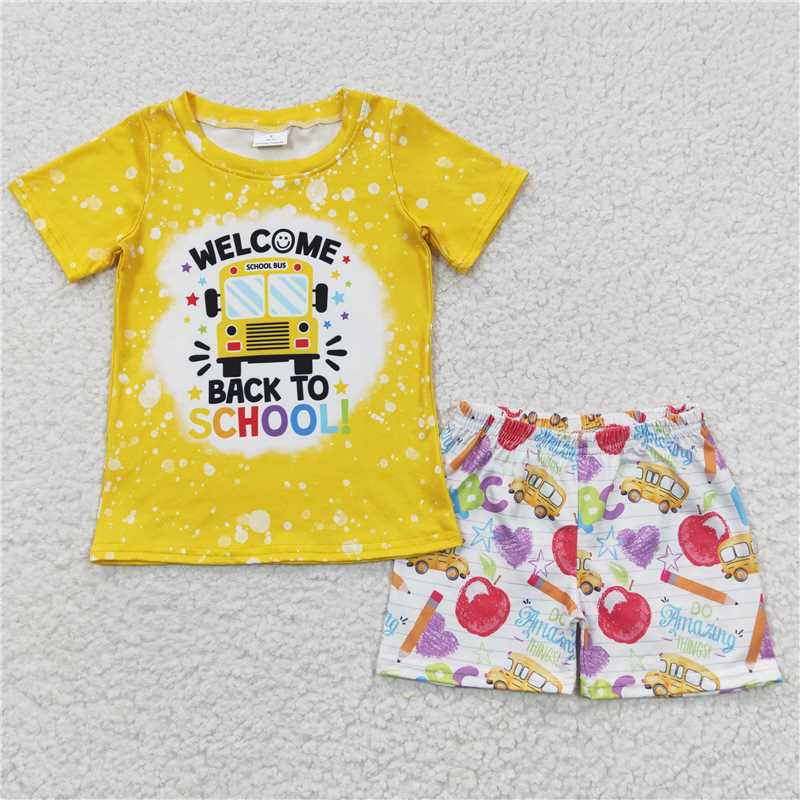 12.30 RTS NO MOQ (In stock)BSSO0252 Baby Boys Back To School Bus Shorts Sets