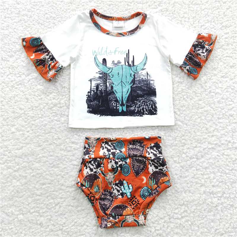 GBO0129 Baby Girls Wild Free Cow Western Bummie Sets