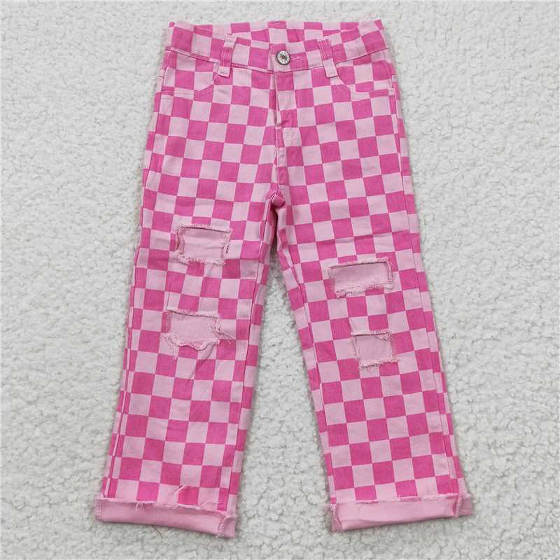 P0096 Sibling Girls Boys Checkered Denim Adjustble Waistband Jeand Pants