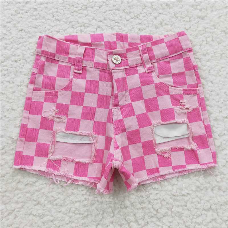 SS0092 Baby Girls Pink Plaid Distressed Denim Shorts