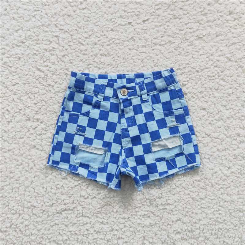 SS0093 Baby Girls Blue Checkered Distressed Denim Shorts