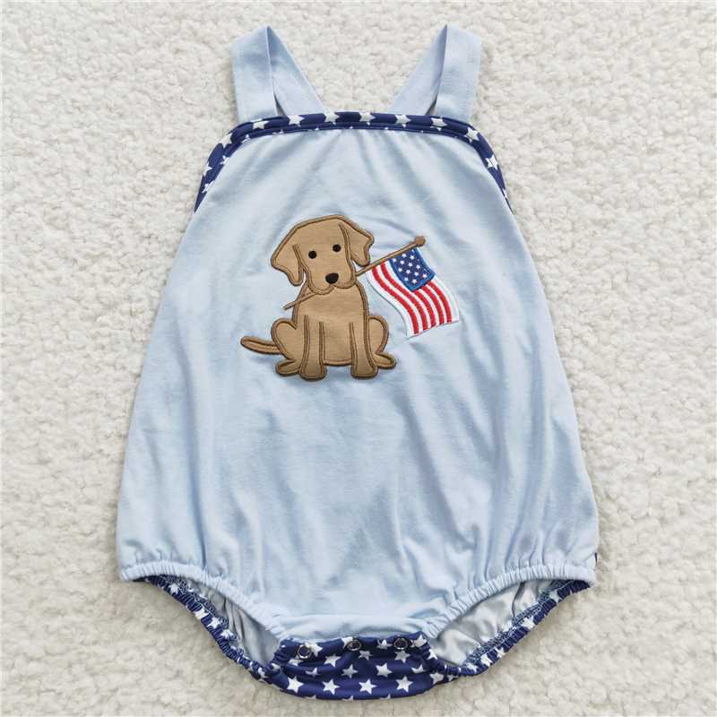 USA Warehouse (IN STOCK) SR0331 Dog flag embroidery stars baby boy 4th of july romper