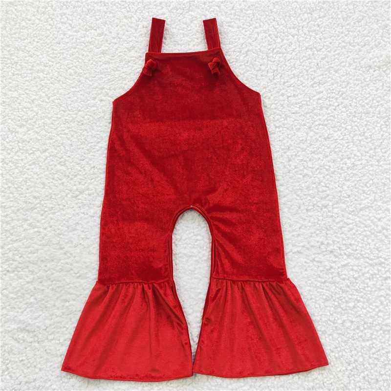 SR0392 Baby Girls Red Color Velvet Overall Jumpsuits
