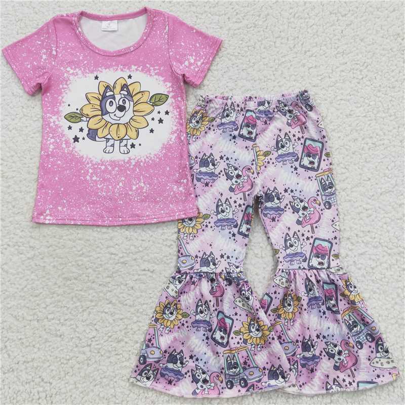 GSPO0689 Cartoon dog bluey bluey flower rose red short-sleeved top and trousers suit