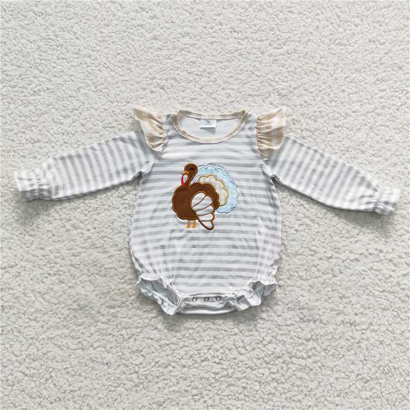 LR0426Turkey stripe long sleeves baby girls Thanksgiving romper