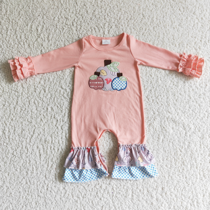 LR0152Pumpkin embroidery pink baby girls fall romper