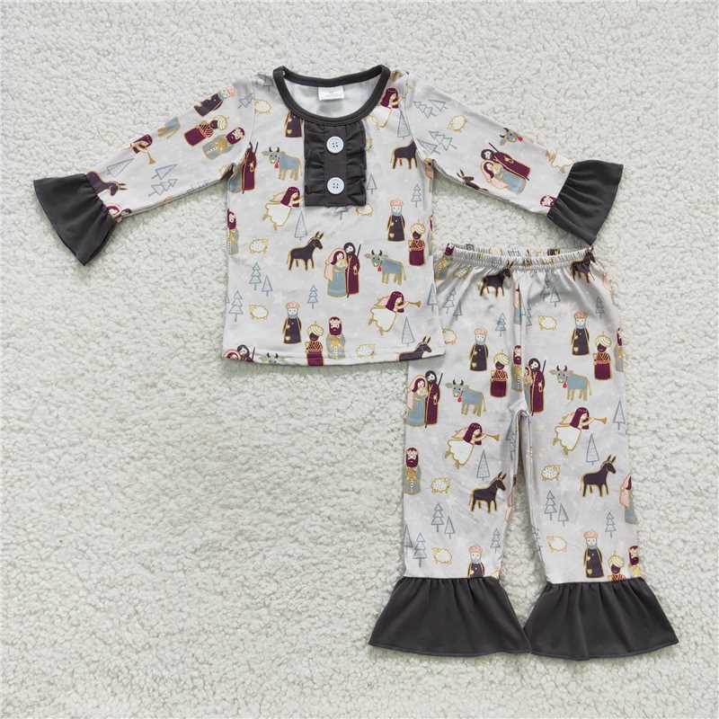 GLP0587Nativity long sleeves kids girls Christmas pajamas