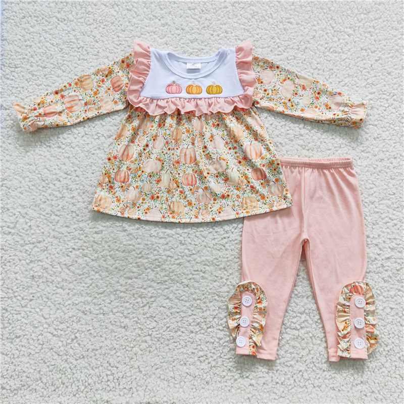 GLP0561Pumpkin floral tunic leggings girls fall clothing set