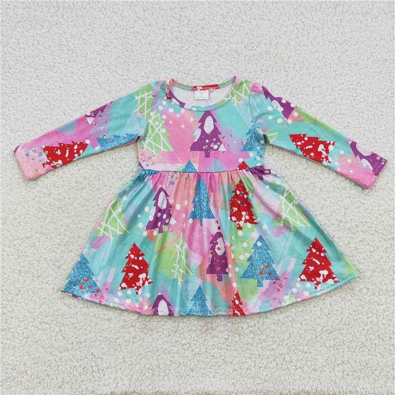 11.25 RTS NO MOQ (In stock)GLD0241 Baby Girls Colorful Christmas Tree Knee Length Dresses
