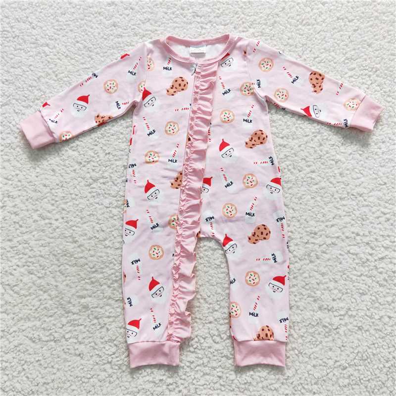 LR0471Pink santa cookie milk baby girls ruffle Christmas romper