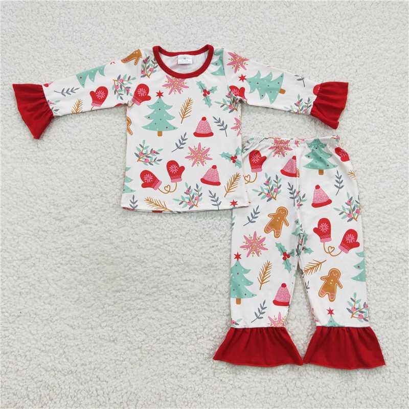 12.10 RTS NO MOQ (In stock)GLP0636 Baby Girls Christmas Tree Ruffle Pajamas Clothes Sets