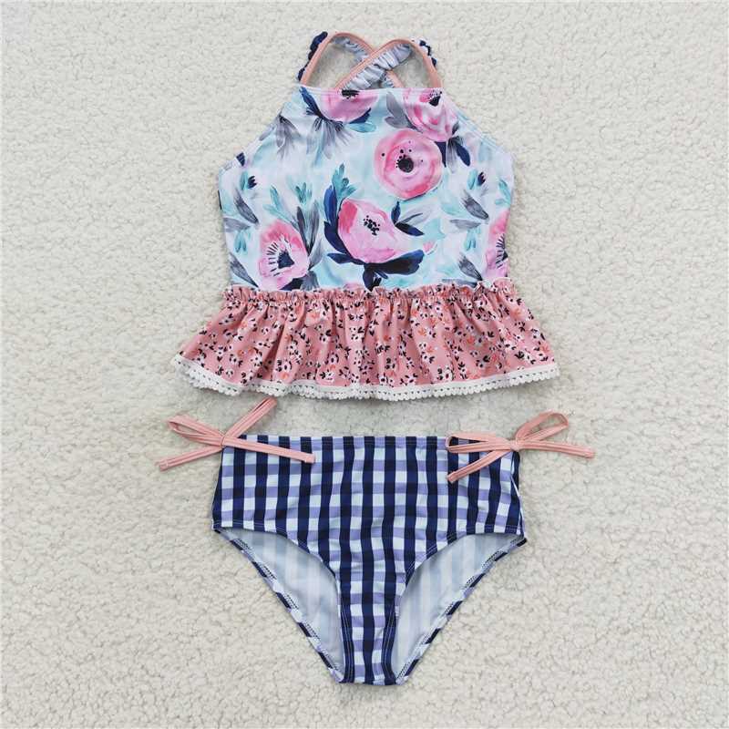 S0158 Baby Girls Blue Flowers Top Floral 2 pieces Swimsuits