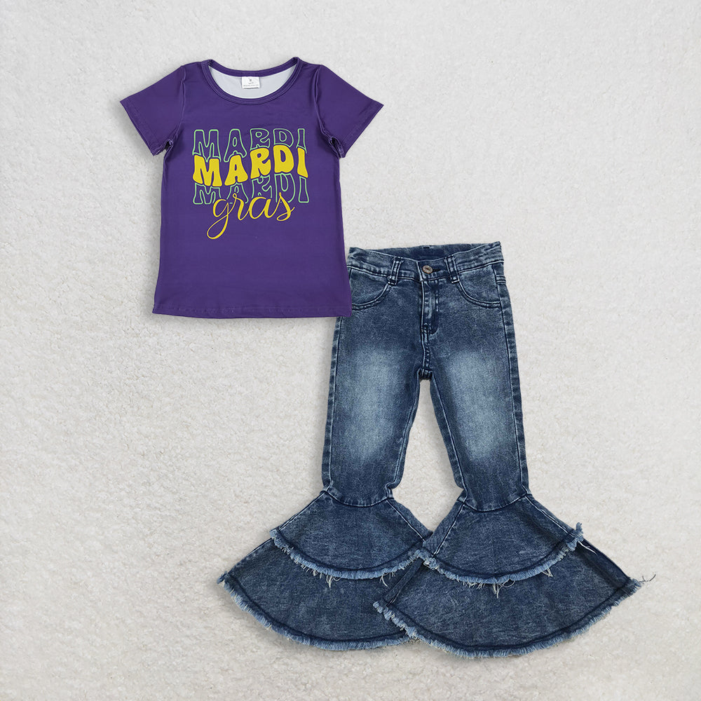 3.3 RTS NO MOQ (In stock)GT1253 + C5-15 Baby Girls Summer Purple Short Sleeve Mardigras Tee Shirts Top Denim Jeans Pants Clothes Sets