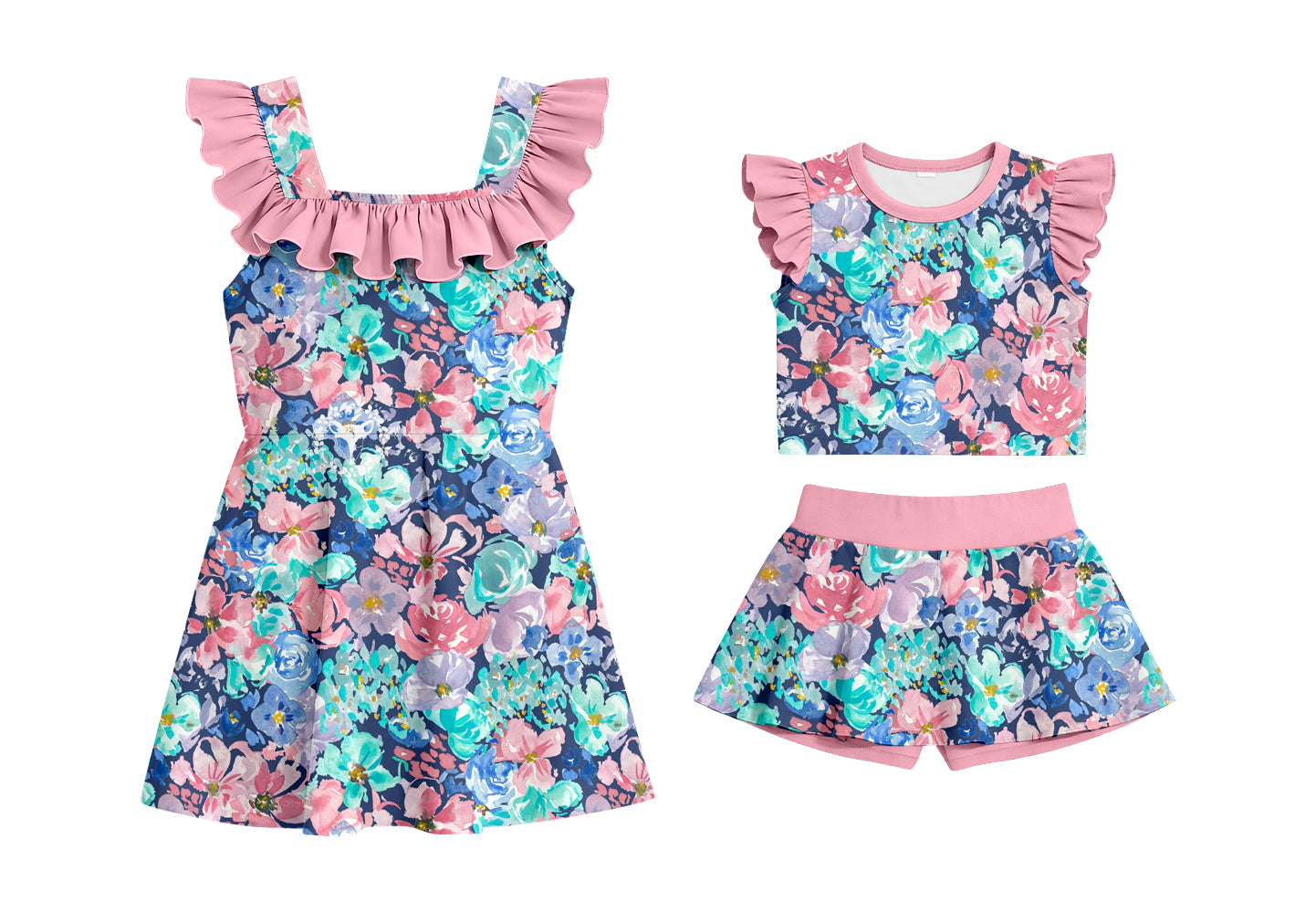 CUSTOM MOQ 5 Sibling Baby Girls Sleeveless Flowers Shorts Set Knee Length Dresses