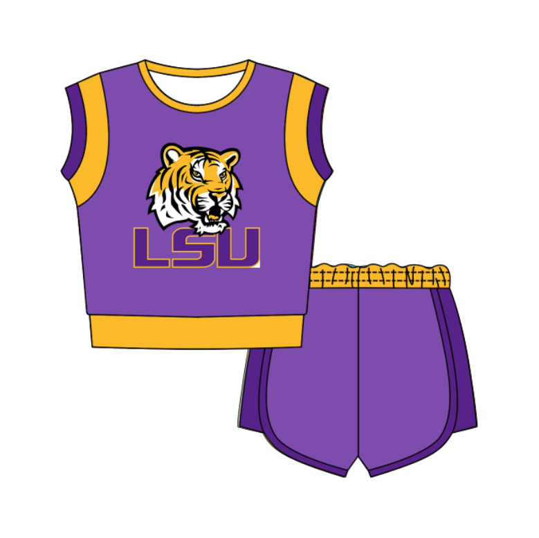CUSTOM MOQ 5 Cute Comfortable Clothing For Kids Baby Kids Summer Purple Sleeveless Patchwork Top Shorts Clothes Sets