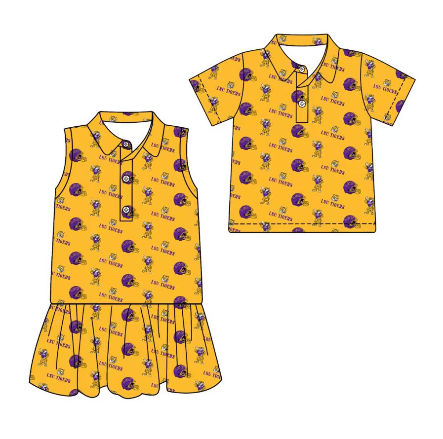 3.11 CUSTOM MOQ 5 Sibling Boys Baby Girls Summer Fashion Short Sleeve Golden Purple Hat Shirt Sleeveless Dress Team Clothes Sets