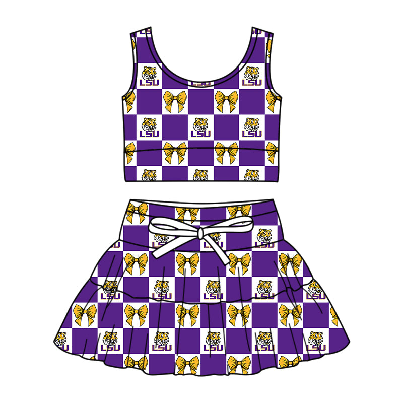 CUSTOM MOQ 5 Kids Clothing for Girls Baby Girls Purple Bow Plaid Top Skirts Yoga Active Team Clothes Sets