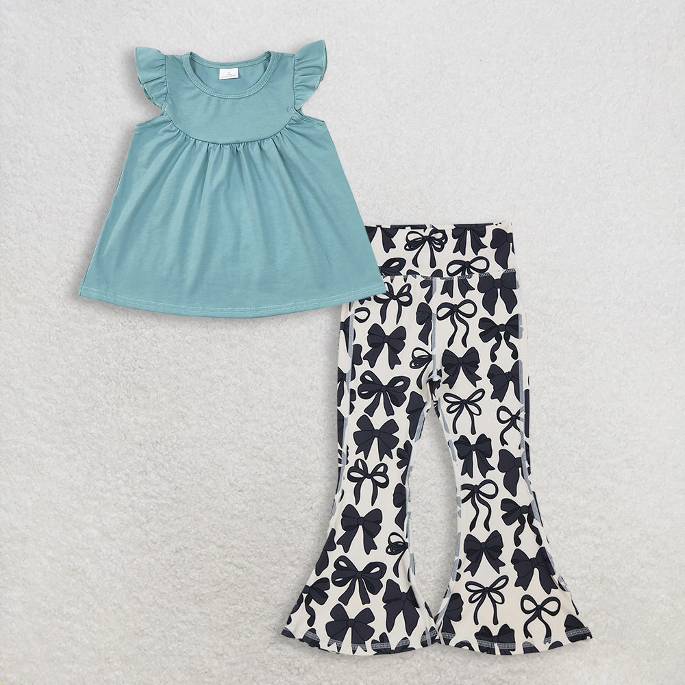 3.13 RTS NO MOQ (In stock)GT0460 + P0775 Baby Girls Blue Cotton Flutter Sleeve Tunic Tops Black Bows Bell Bottom Yoga Pants