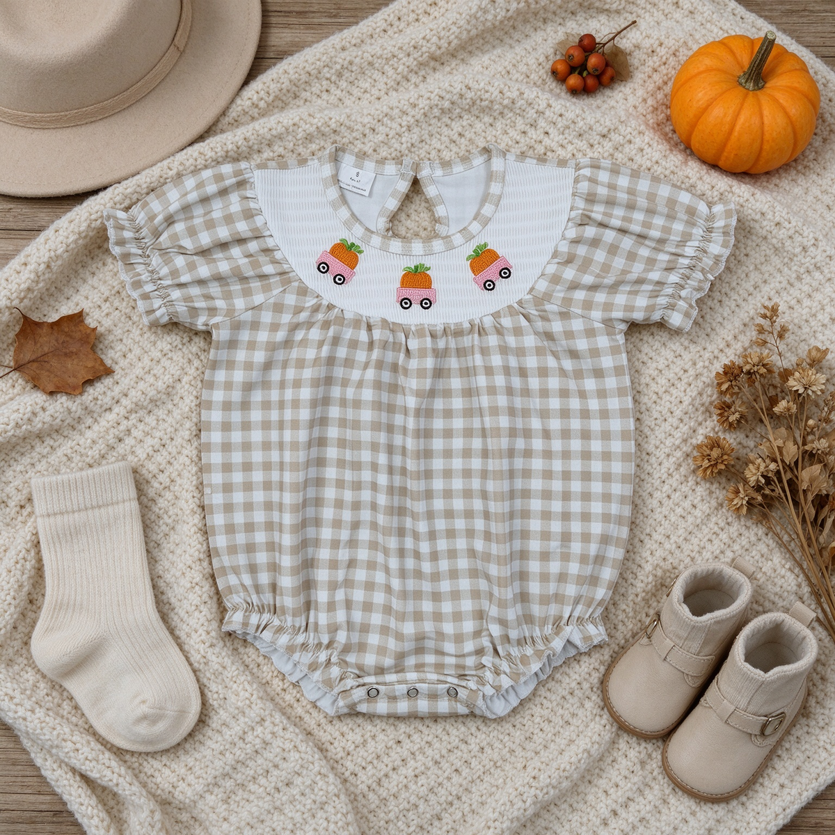 RTS NO MOQ (In stock) milk silk SR4280 Smocked Baby Girls Khaki Checked Pumpkins Trucks Fall Ruffle Rompers