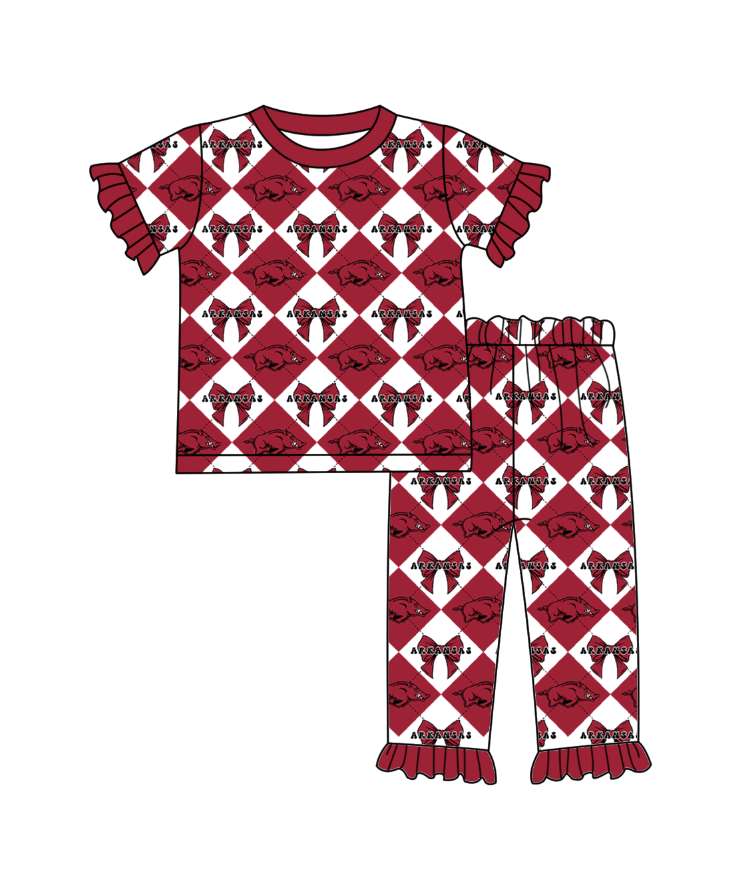 CUSTOM MOQ 5 Baby Girl Clothes Red Bow Plaid Top Pants Team Pajamas Sets