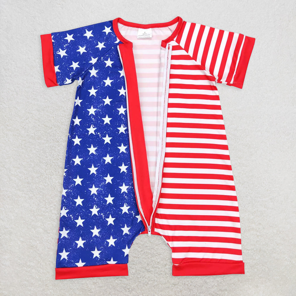 SR0673RTS NO MOQ Baby Boys Summer Rompers Baby Infant Boys Toddler 4th Of July Star Red Stripes Short Sleeve Rompers