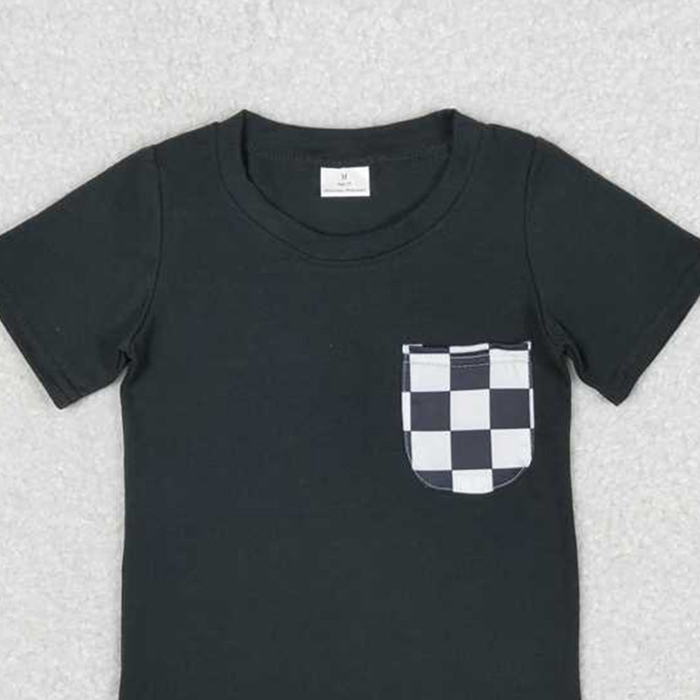 5.19 BT0660 RTS NO MOQ Black plaid pocket short sleeves kids boys top
