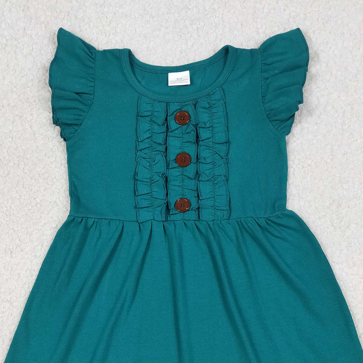 4.11 GSD4094 RTS NO MOQ (In stock )Baby Girls Flutter Sleeve Dark Green Button Ruffle Knee Length Dresses