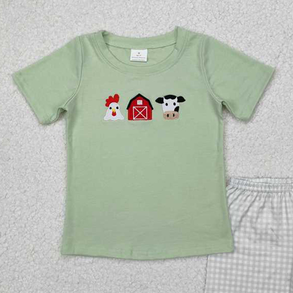 6.11 BSSO1067 RTS NO MOQ Baby Boys Summer Boys Outfits Kids Boys Farm Embroidery Chicken Cow Outfit